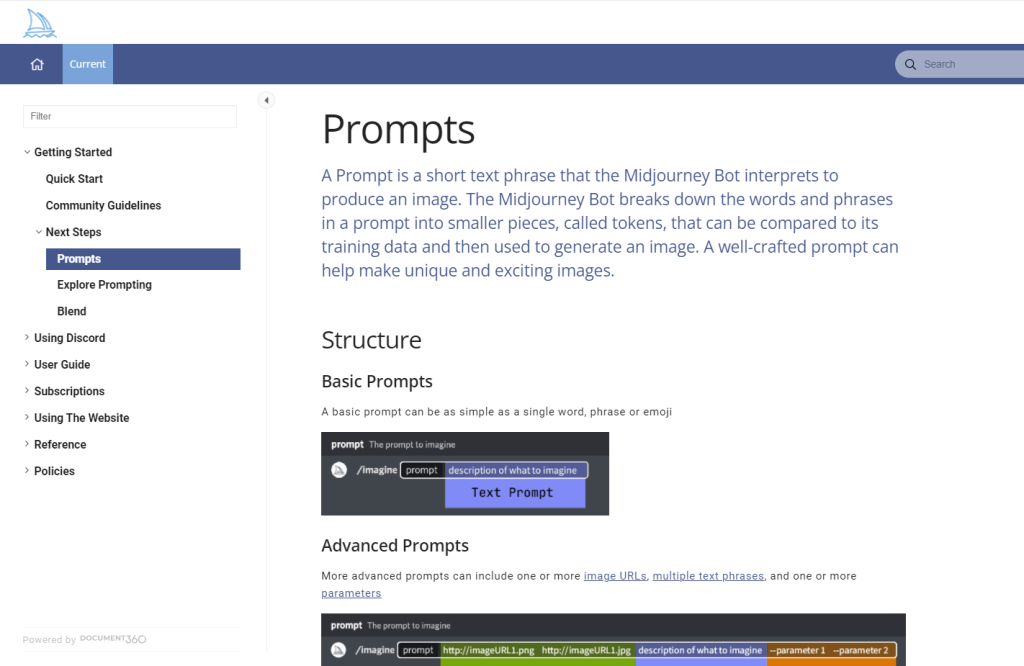 Midjourney官方文档网站，提供了关于Midjourney Prompt的详细说明。还提供了有关如何使用Prompt进行图像生成的详细指南，-小新